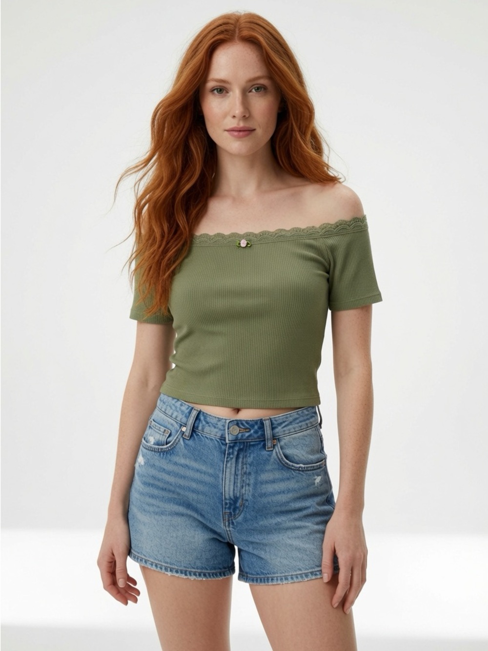 Planet Heart Sage Green Women’s Crop Top with Pink Rose Accent & Lace Trim